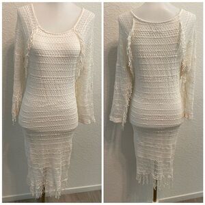 Nightcap White Bohemian Lace Fringe Accents Midi Dress BB